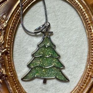 Green Glitter Christmas Tree Pendant Necklace
